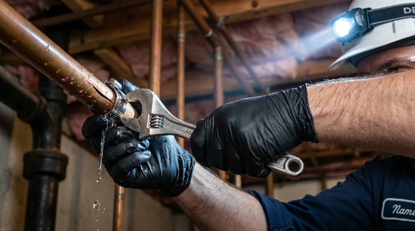 Emergency pipe clamp repair being performed by a Johns Plumbing LLC plumber in Sneedville