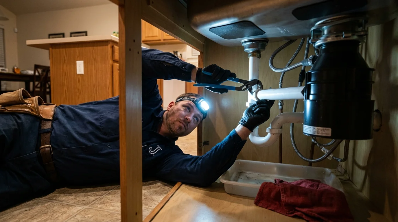 P-trap and supply line connections under a kitchen sink showing a common leak point in Sneedville, TN